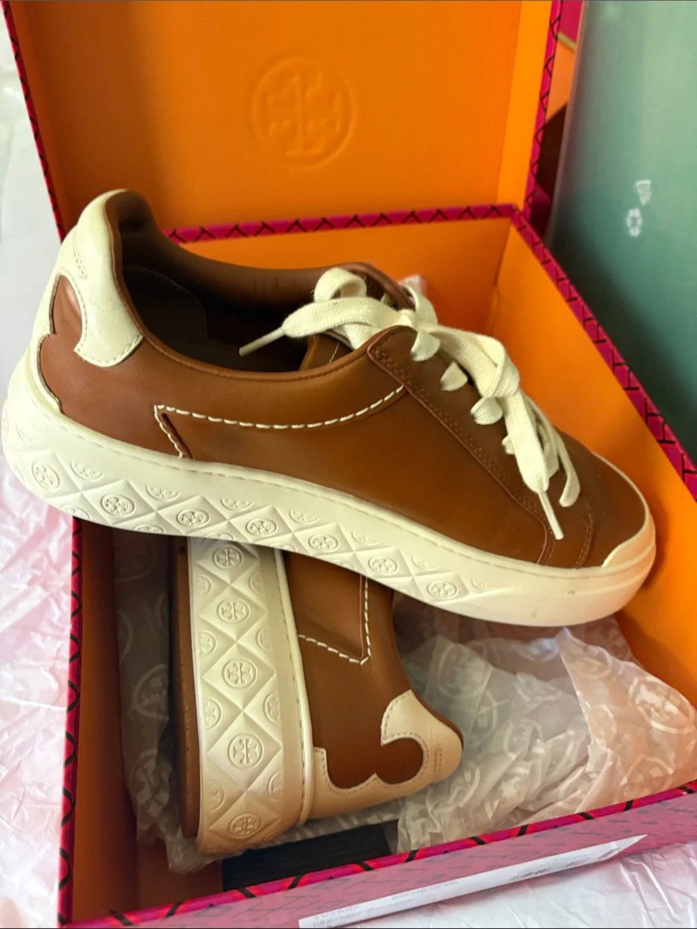 Tory Burch Brown Leather Platform Sneakers with Cream Soles